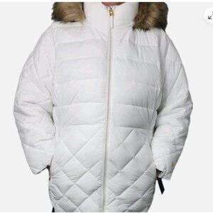 Tommy Hilfiger Puffer Jacket Women’s 2X White Quilted Coat Faux Fur Hood Warm